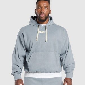 Mens Gymshark Heavyweight Ribbed Pullover Hoodie - Denim Grey Size Large